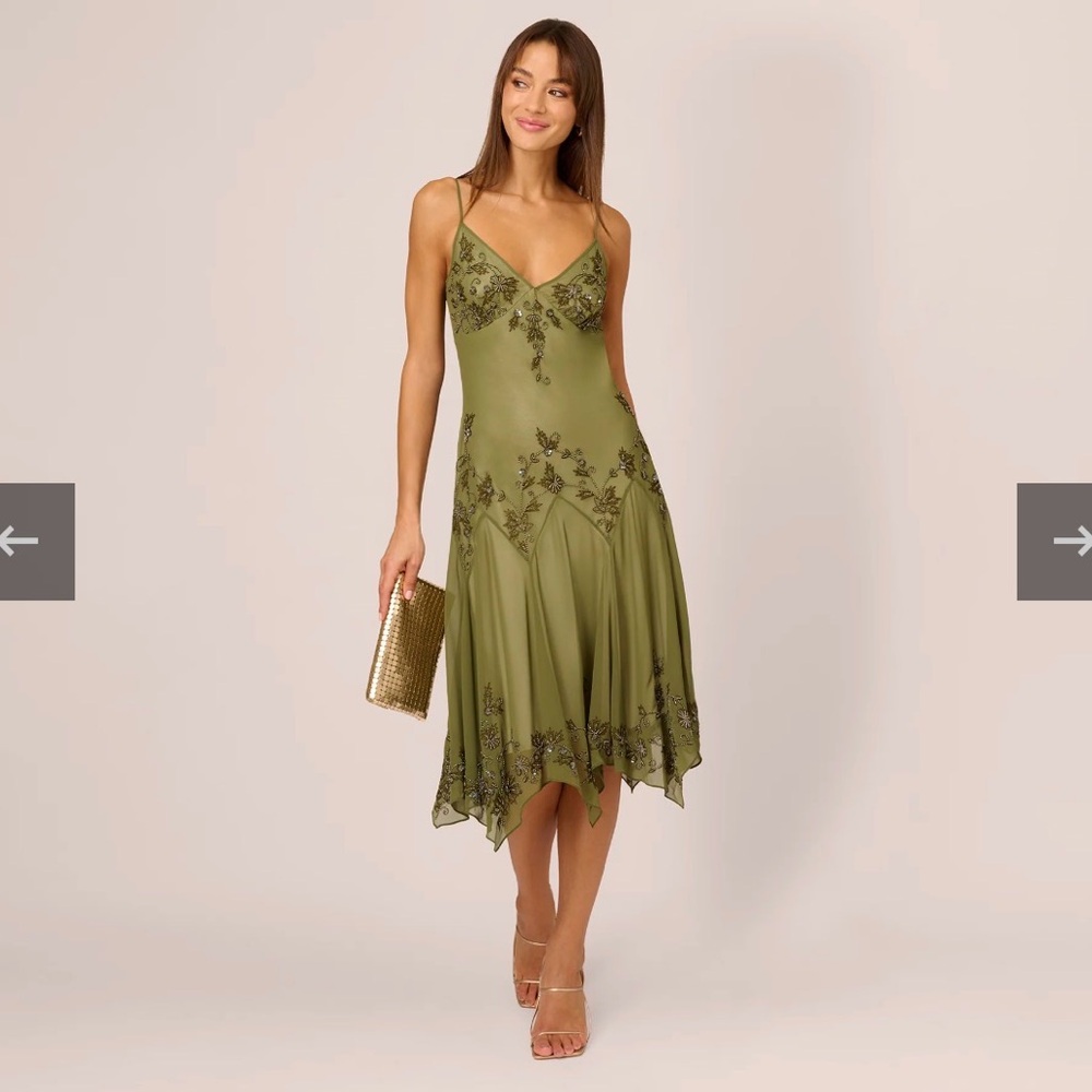 Adrianna Papell Olive Green Embroidered Slip Dress